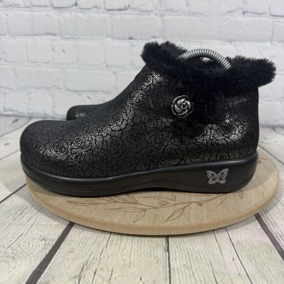 Alegria Meri Ankle Boots Women Size 7.5-8 US 38 EU Black Floral Shearling Shoes - Picture 3 of 12